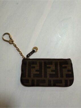 Fendi Brown & Black Zucca Key Pouch with Gold Chain